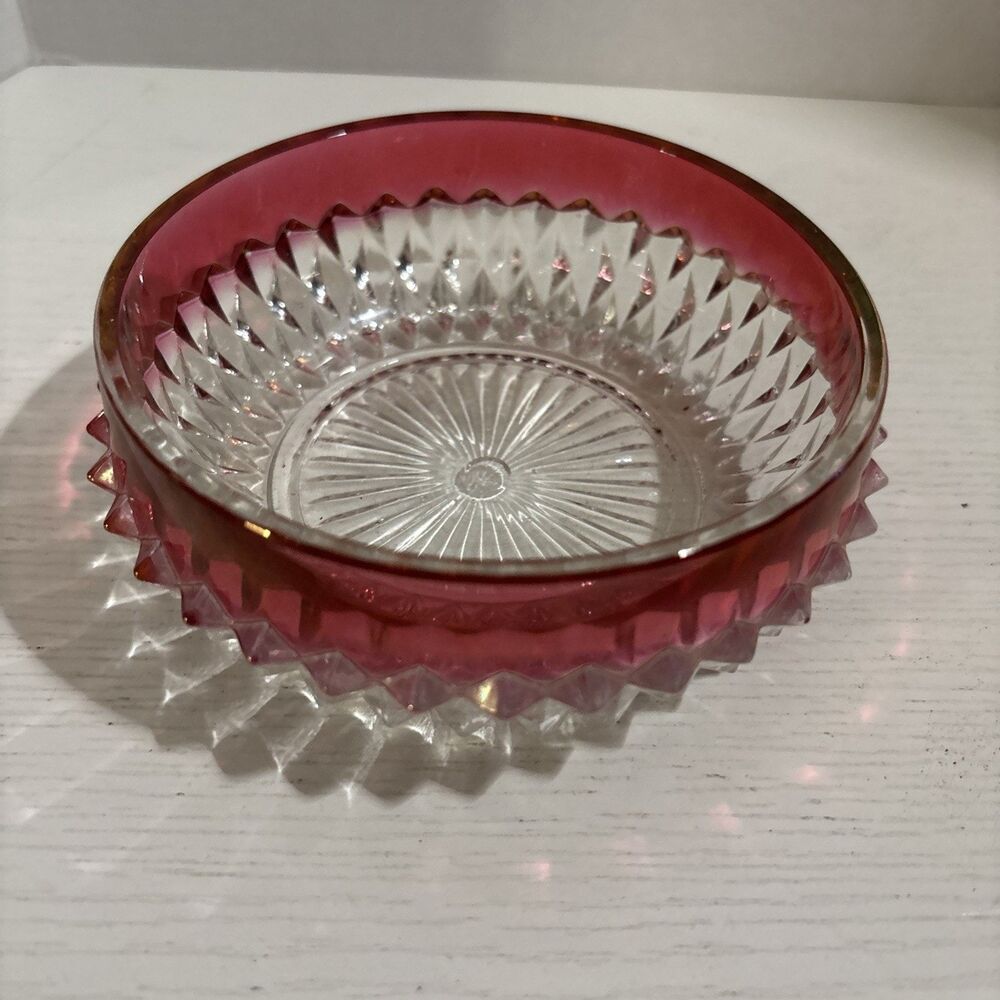 Vintage Indiana Glass Diamond Point Ruby Flash Red Candy Dish Bowl 5"